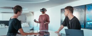 Equipe collaboration meetiiim et casque XR de HTC