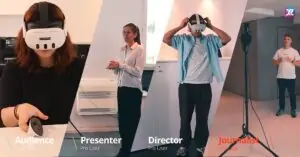 Image qui montre toutes les personnes pouvant participer à l'émission du spatial media. On y retrouve l'audience, le présentateur, le directeur et le journaliste.